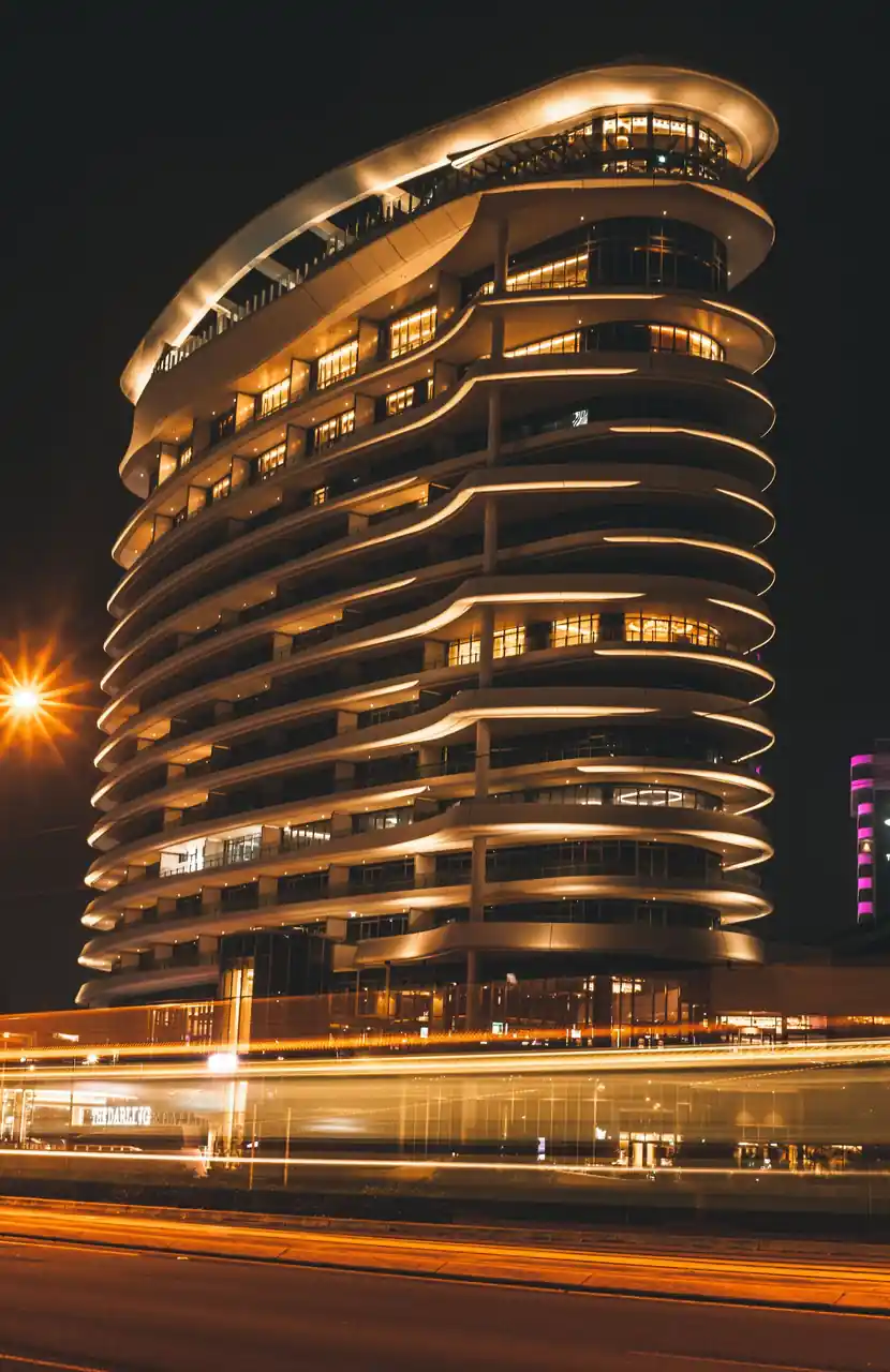 Luxurious Darkfield Way resort at dusk in Broadbeach